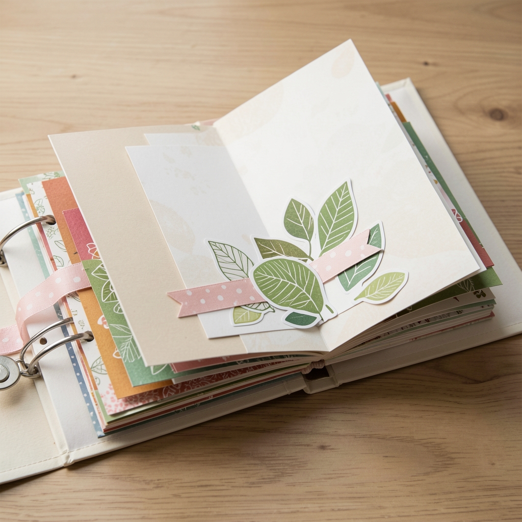 Álbum de scrapbooking abierto con papeles en capas, stickers de hojas y cinta washi, sin manos ni personas