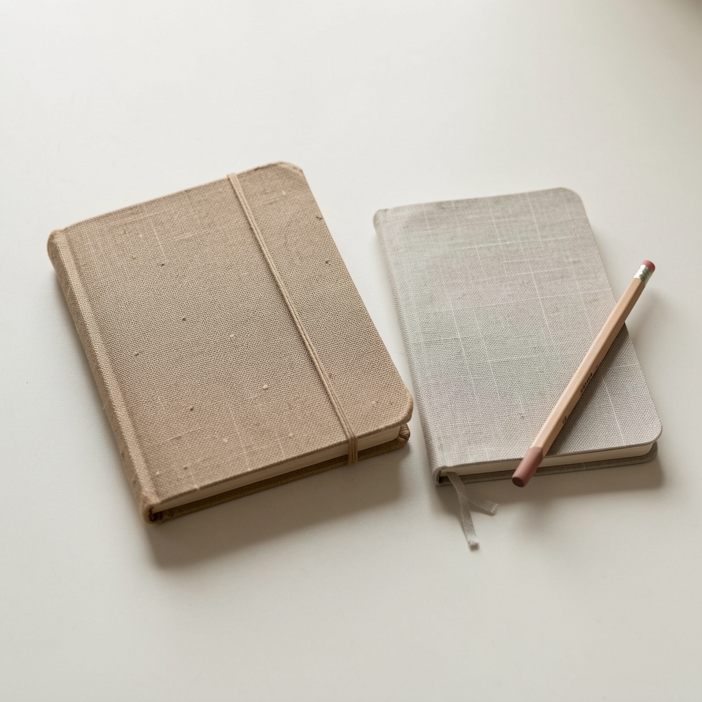 Cuaderno artesanal cerrado junto a una libreta color lino y lápiz de grafito sobre una mesa clara sin personas