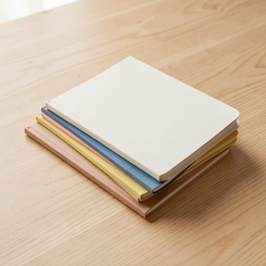 Cuadernos de tapa lisa, libretas pequeñas y hojas artísticas apiladas en tonos naturales sobre una mesa de madera clara sin personas