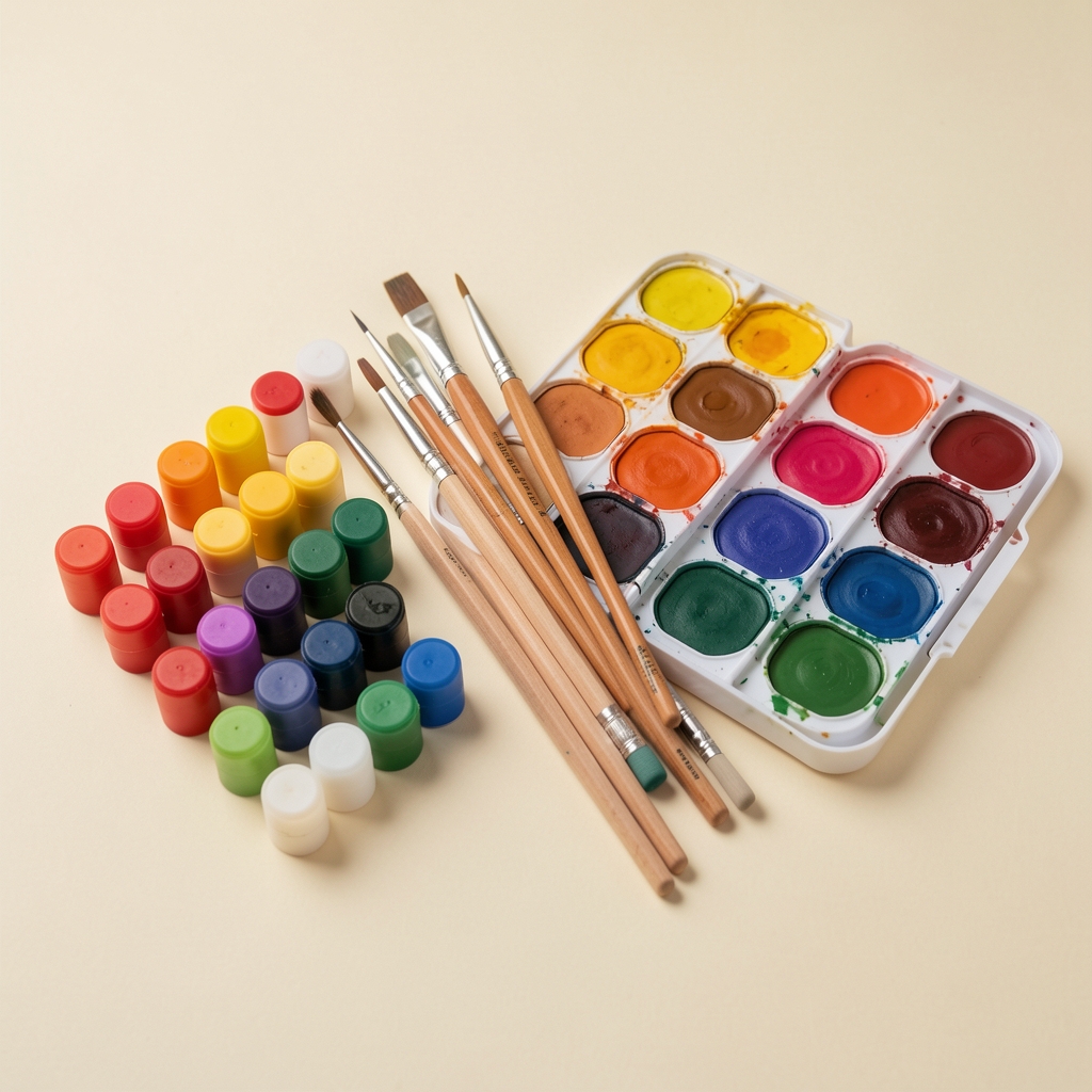 Marcadores de colores, lápices, pinceles y una paleta de acuarela ordenados sobre una superficie crema sin personas