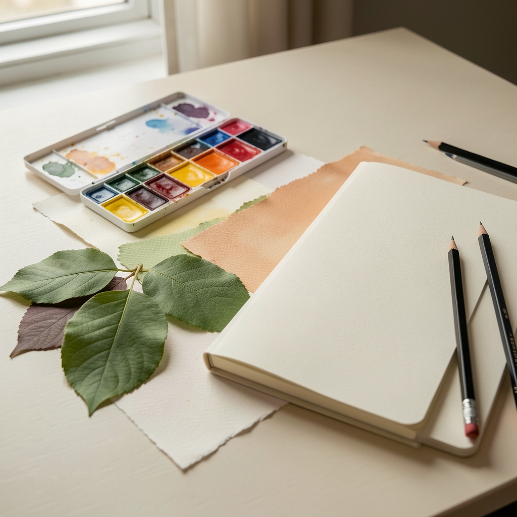 Hojas de papel artístico de diferentes texturas junto a acuarelas, lápices y una libreta cerrada sobre una mesa luminosa sin personas
