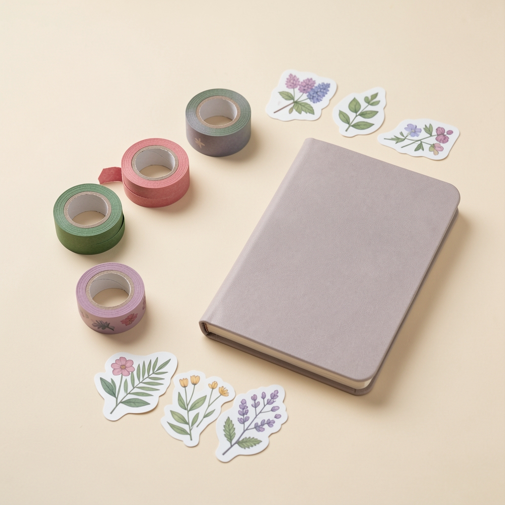 Papeles decorativos, cintas washi y stickers botánicos organizados junto a una libreta cerrada sobre fondo crema sin personas