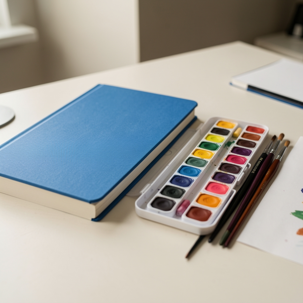 Cuadernos de tapa azul, caja de acuarelas y pinceles alineados sobre un escritorio claro sin personas