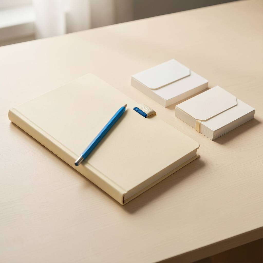 Cuaderno crema con una lapicera azul y tarjetas de papel ordenadas sobre una mesa luminosa sin personas