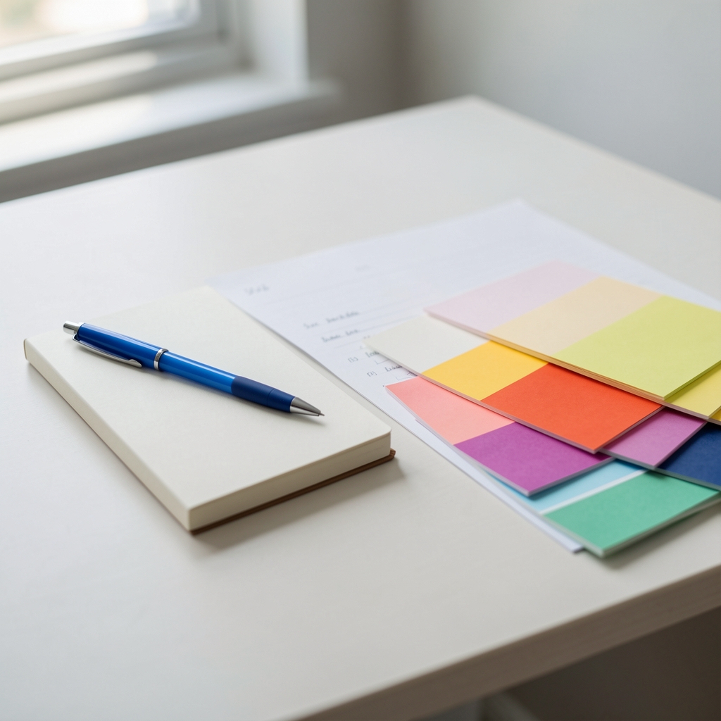 Escritorio claro con pluma azul, bloc de notas y hojas de colores preparados para escribir una consulta, sin personas