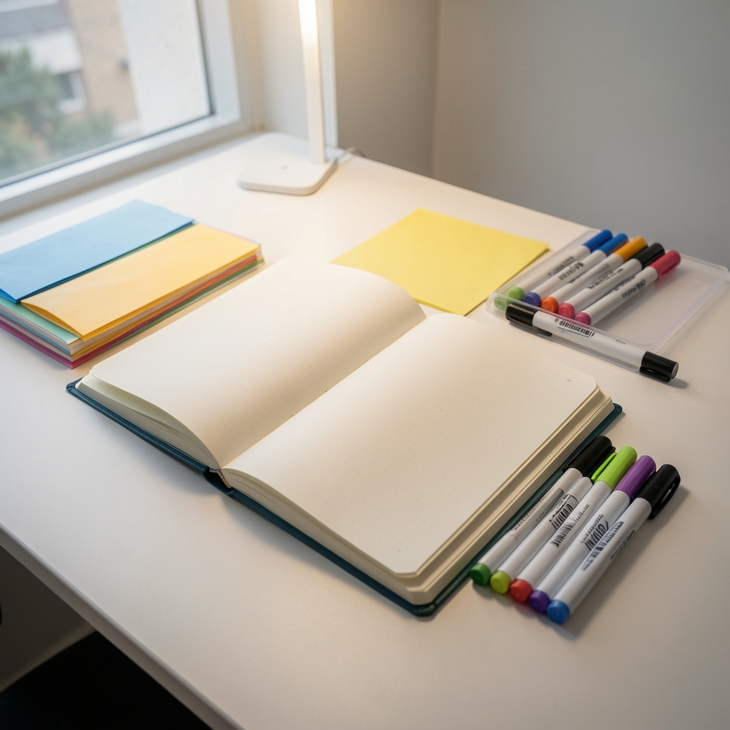 Cuaderno abierto, sobres de papel y marcadores organizados en una mesa de atención luminosa sin personas