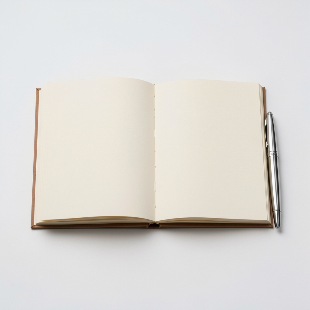 Libreta abierta de hojas color crema con encuadernación cosida y una pluma metálica al costado, sin personas
