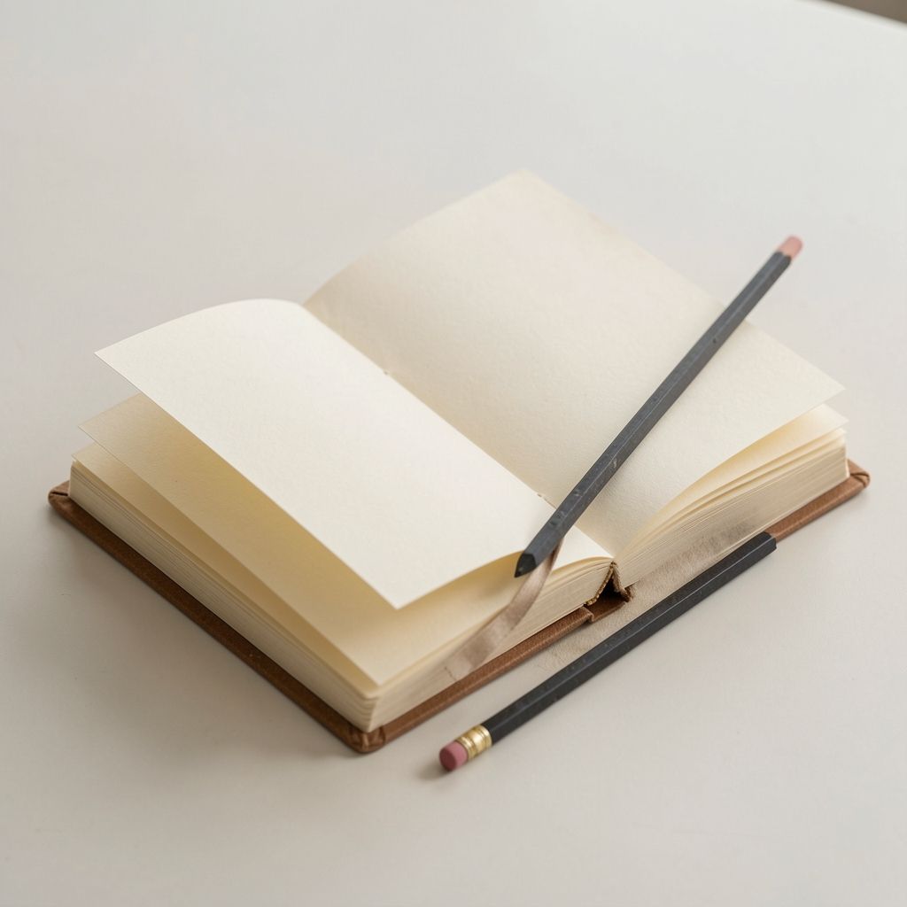 Interior de un cuaderno artesanal con hojas color crema y lápiz de grafito apoyado en diagonal sobre una mesa clara sin personas