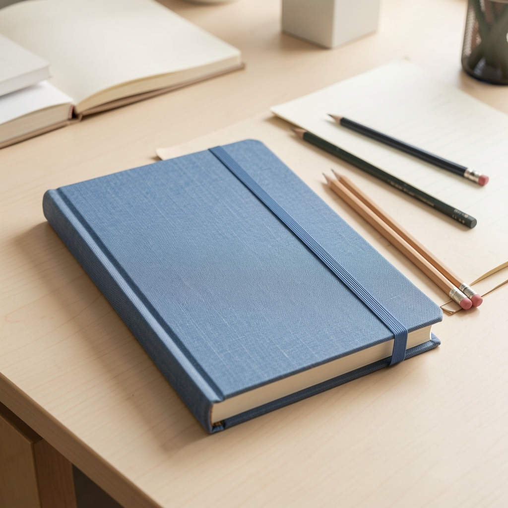 Cuadernos de tapa azul y lino natural junto a lápices de grafito sobre un escritorio claro y ordenado sin personas