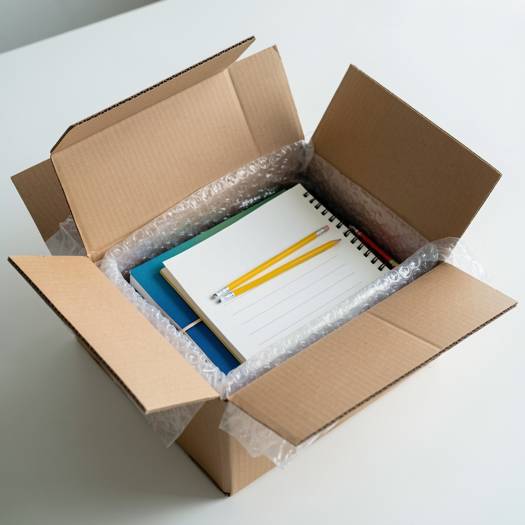 Caja de envío abierta con cuadernos, lápices y papeles protegidos por material de embalaje sobre una mesa clara sin personas