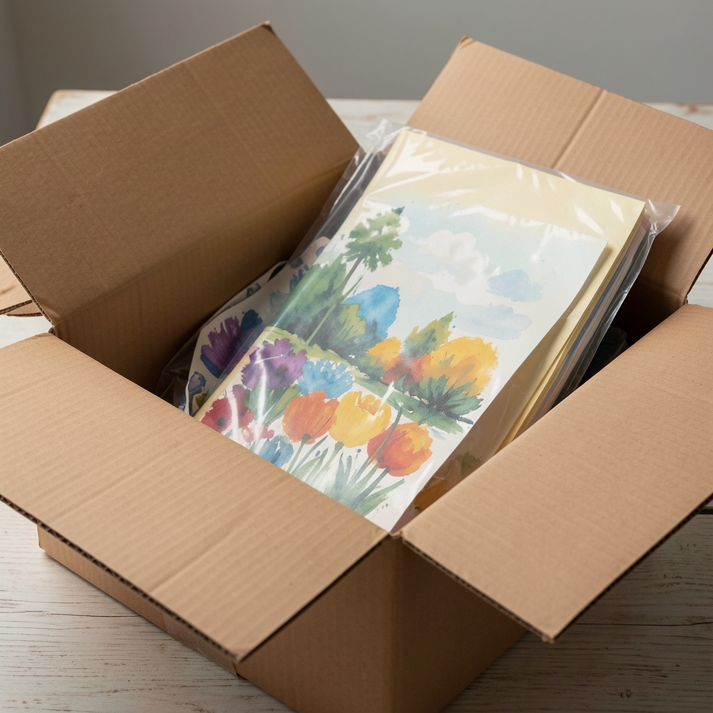 Cuadernos y papeles artísticos colocados en una caja de cartón con protección para un envío nacional, sin personas