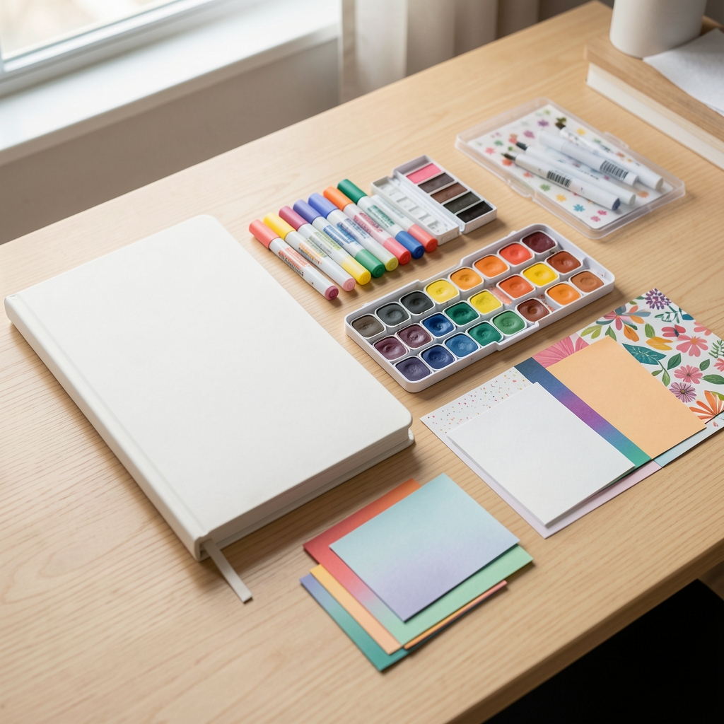 Cuadernos, marcadores, acuarelas y papeles decorativos organizados por categoría sobre un escritorio claro de madera, sin personas