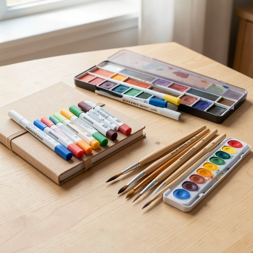Cuadernos artesanales, marcadores de colores, una caja de acuarelas y pinceles dispuestos sobre un escritorio claro de madera, sin personas