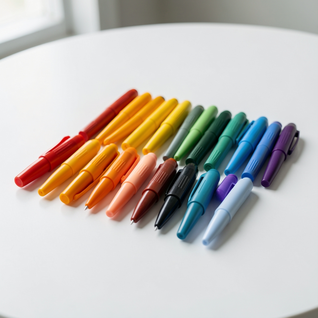Marcadores de doble punta en una gama ordenada de colores cálidos y fríos sobre una mesa blanca sin personas