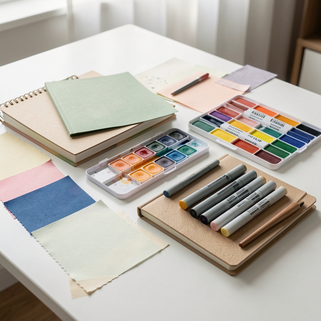 Conjunto de cuadernos, una paleta de acuarelas, marcadores y papeles de textura dispuestos en una mesa clara sin personas