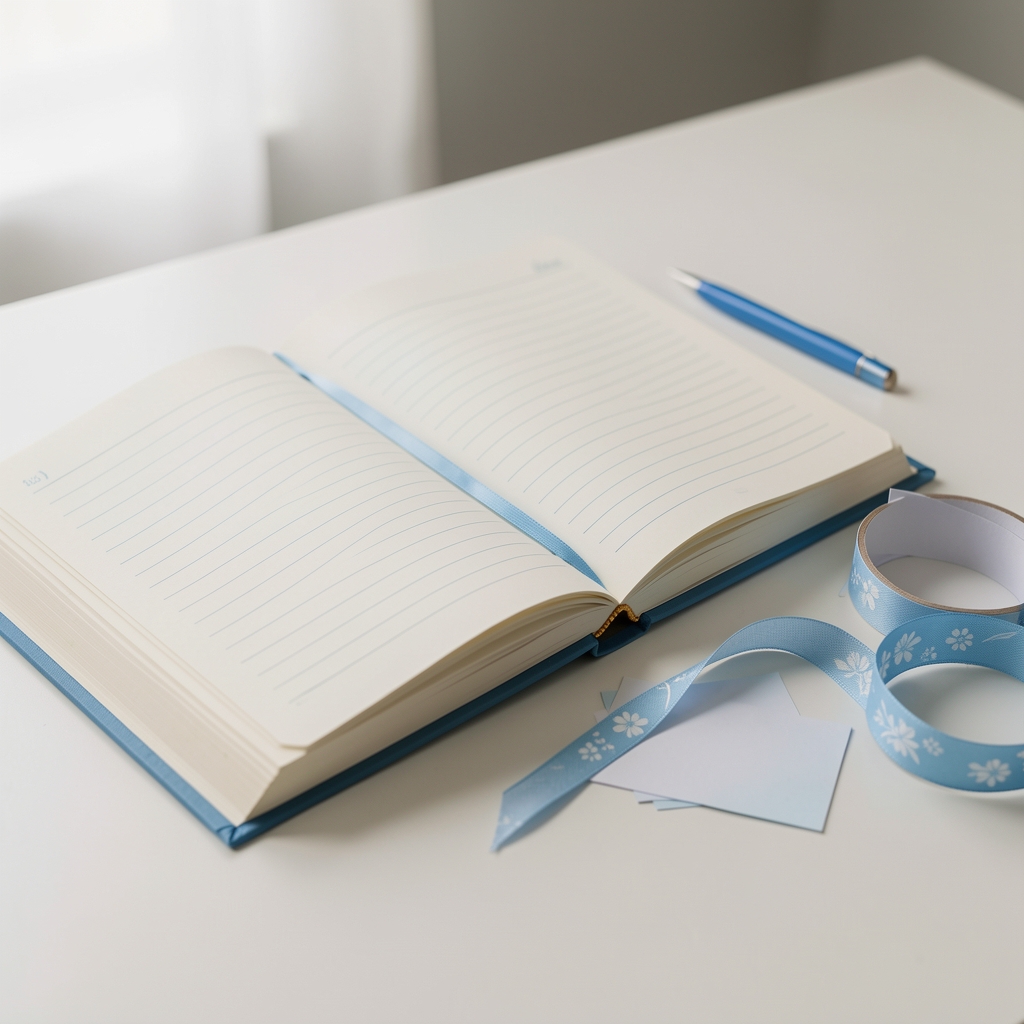 Pluma azul, cuaderno abierto, cinta decorativa y pequeños recortes de papel organizados sobre una mesa clara sin personas