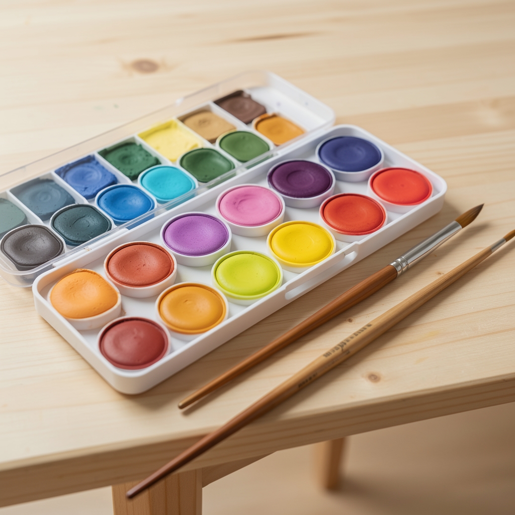 Paleta de acuarelas con pastillas de varios colores y pincel fino sobre una mesa de madera clara sin personas