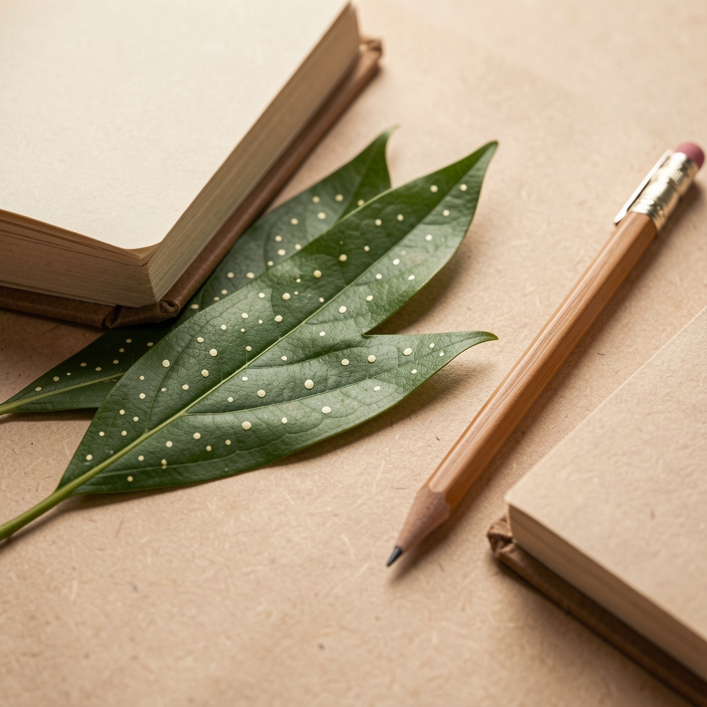 Detalle de hojas lisas y punteadas, cuaderno abierto y lápiz sobre papel de textura natural, sin escritura personal