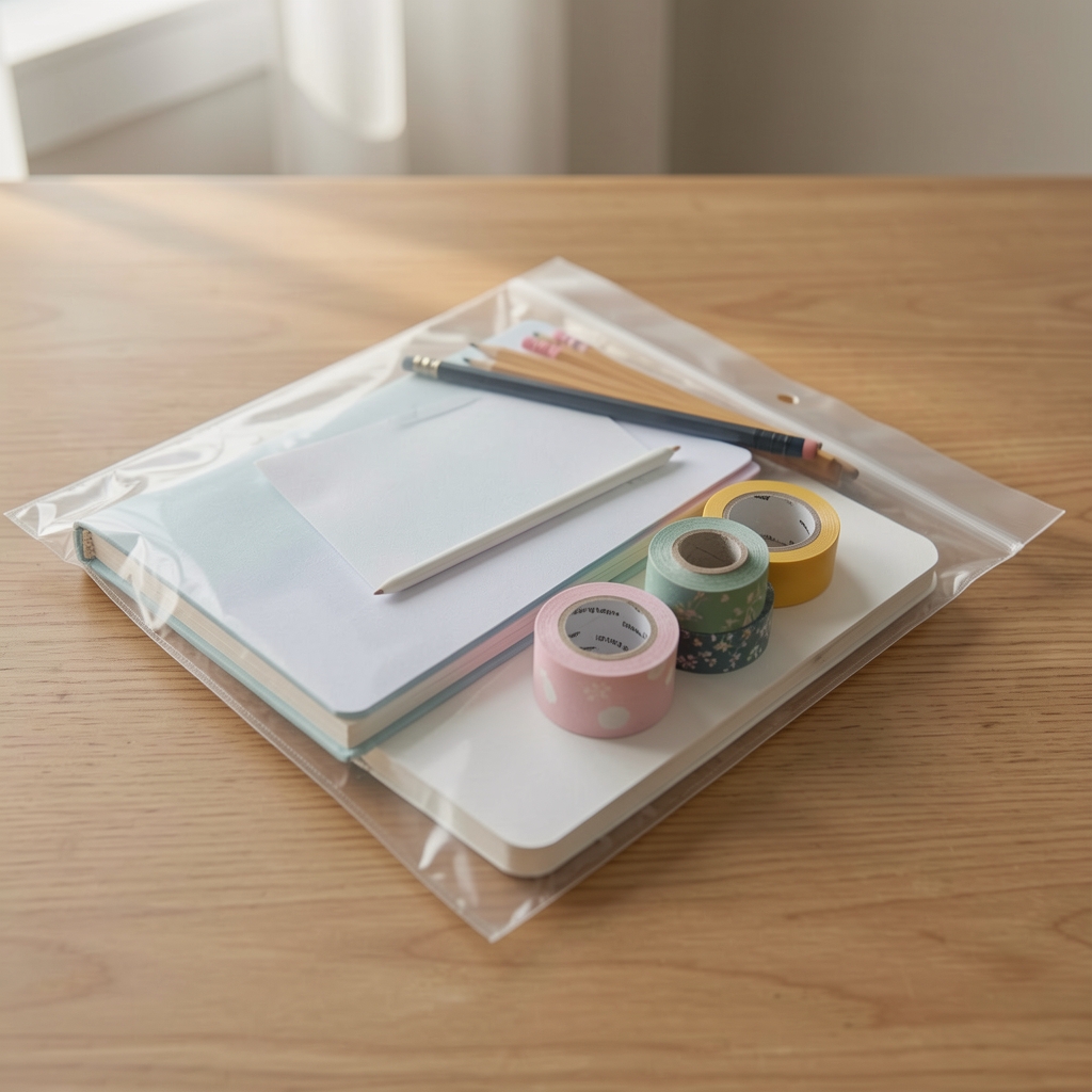 Paquete de papelería creativa con libreta, cintas washi y lápices cuidadosamente protegidos para el traslado sobre una mesa vacía sin personas
