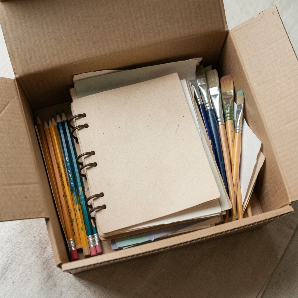Cuaderno artesanal, lápices y papeles artísticos ordenados dentro de una caja de envío clara sin personas
