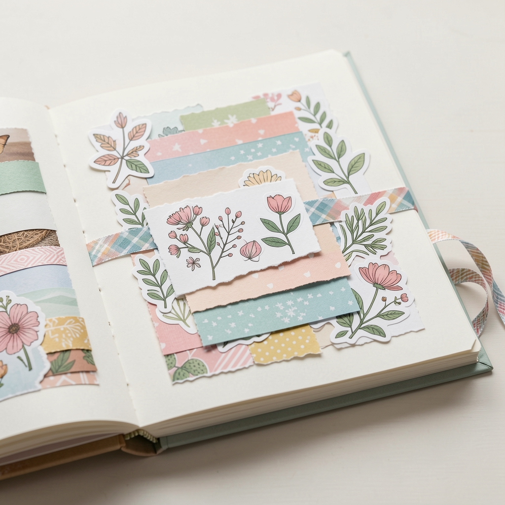 Recortes de papel con bordes variados, stickers botánicos y cintas washi distribuidos en capas para una página de álbum sobre una mesa clara sin personas
