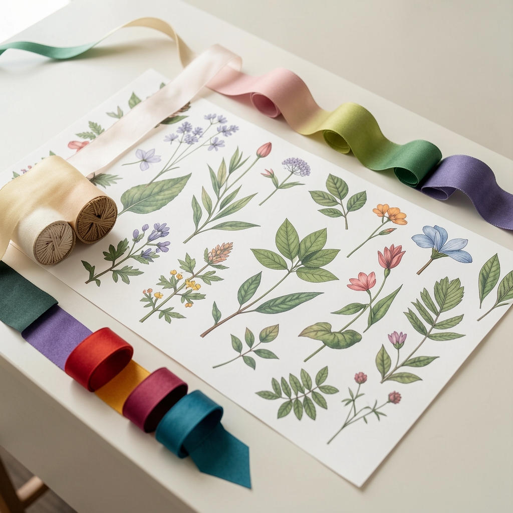 Papeles estampados botánicos, cintas decorativas y recortes de colores coordinados sobre una mesa clara sin personas