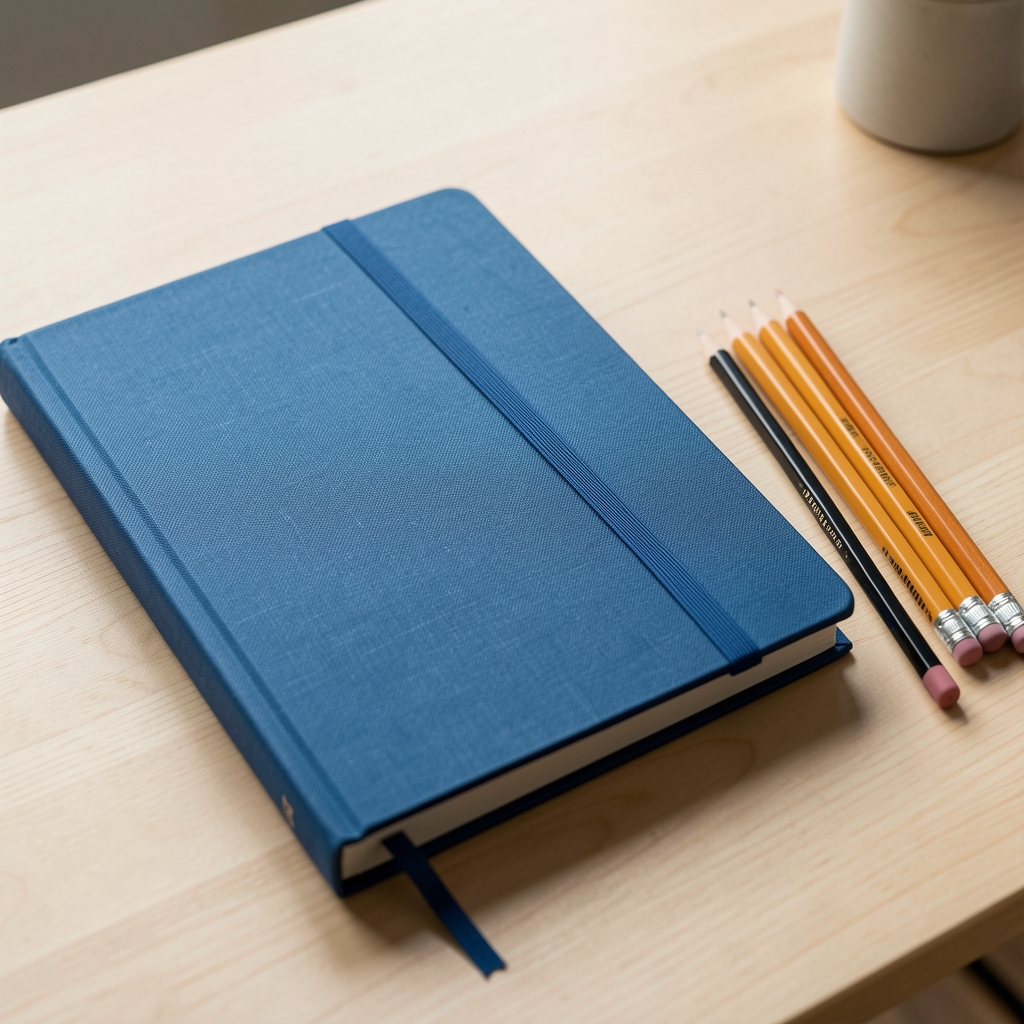 Papeles artísticos, cuaderno de tapa azul y lápices ordenados sobre un escritorio de madera clara sin personas